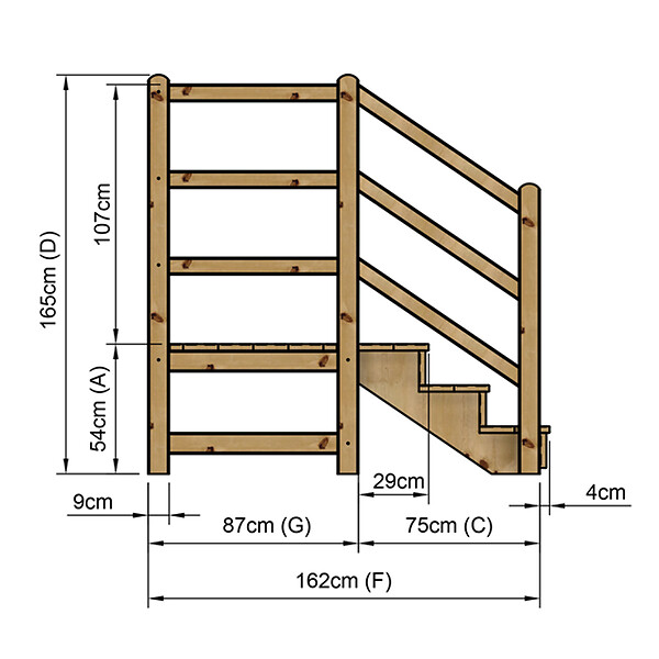 VINUOVO - MILANO - Escalier en bois 3 marches H54 cm - avec contre-marches - Palier L120 x P116 cm - Rambarde escalier gauche, palier gauche et en face - large