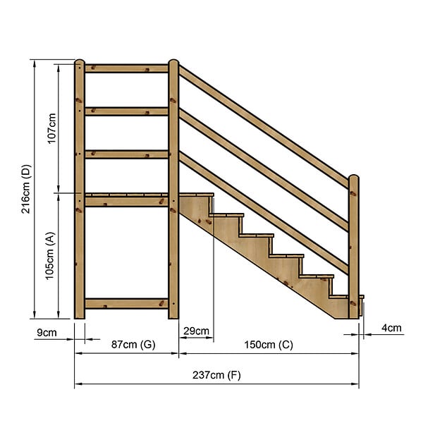 VINUOVO - MILANO - Escalier en bois 6 marches H105 cm - avec contre-marches - Palier L120 x P116 cm - Rambarde escalier gauche, palier gauche et en face - large