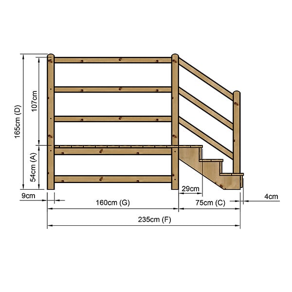 VINUOVO - MILANO - Escalier en bois 3 marches H54 cm - avec contre-marches - Palier L120 x P189 cm - Escalier rambarde droite, palier droite et face - large