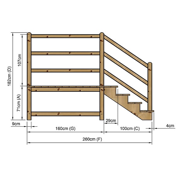 VINUOVO - MILANO - Escalier en bois 4 marches H71 cm - sans contre-marche - Palier L120 x P189 cm - Rambardes escalier et palier à droite - large