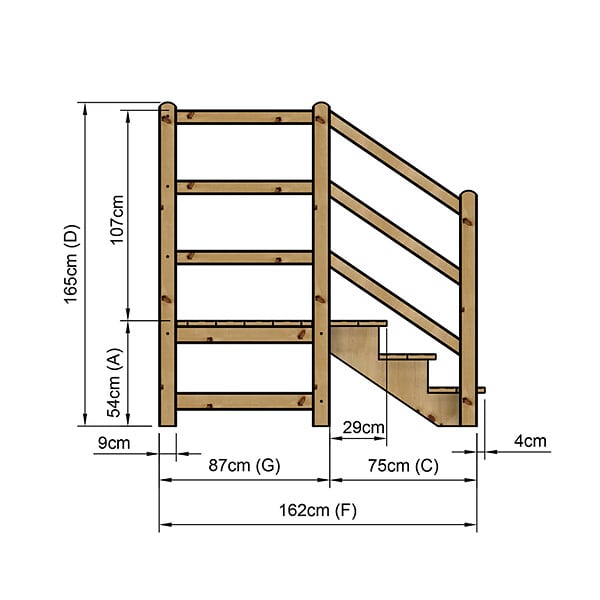 VINUOVO - MILANO - Escalier en bois 3 marches H54 cm - sans contre-marche - Palier L120 x P116 cm - Escalier rambardes des 2 côtés,Palier à droite et en face - large