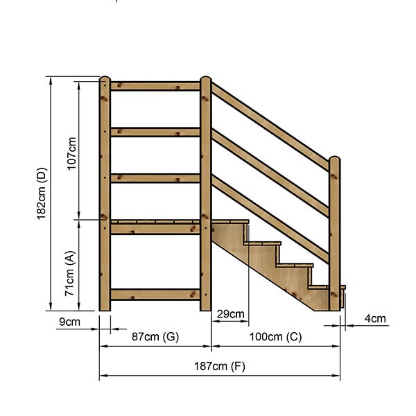 VINUOVO - MILANO - Escalier en bois 4 marches H71 cm - avec contre-marches - Palier L120 x P116 cm - Escalier rambardes des 2 côtés,Palier à droite et en face - large