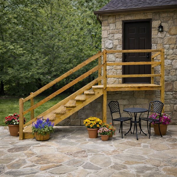 VINUOVO - MILANO - Escalier en bois 4 marches H71 cm - avec contre-marches - Palier L120 x P116 cm - Escalier rambardes des 2 côtés,Palier à droite et en face - large