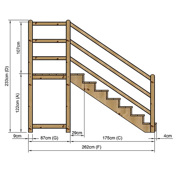 VINUOVO - MILANO - Escalier en bois 7 marches H122 cm - avec contre-marches - Palier L120 x P116 cm - Rambarde escalier et palier à gauche - large