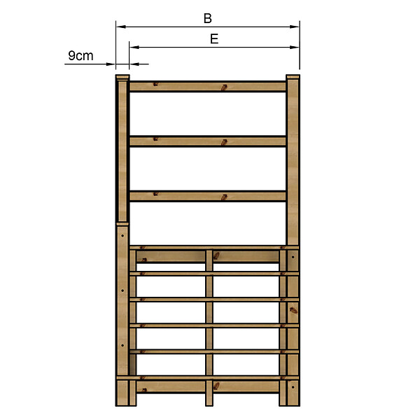 VINUOVO - MILANO - Escalier en bois 6 marches H105 cm - sans contre-marche - Palier L120 x P116 cm - Rambarde escalier gauche, palier gauche et en face - large