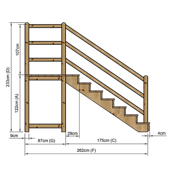 VINUOVO - MILANO - Escalier en bois 7 marches H122 cm - avec contre-marches - Palier L120 x P116 cm - Rambardes escalier et palier à droite - large