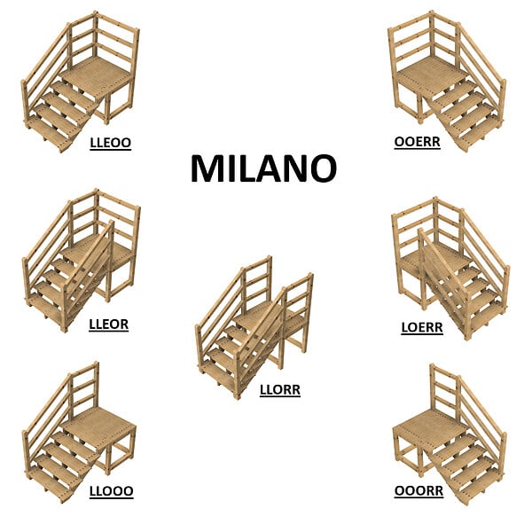 VINUOVO - MILANO - Escalier en bois 5 marches H88 cm - avec contre-marches - Palier L120 x P116 cm - Escalier rambardes des 2 côtés,Palier à droite et en face - large