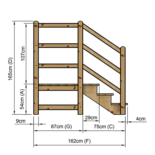VINUOVO - MILANO - Escalier en bois 3 marches H54 cm - sans contre-marche - Palier L120 x P116 cm - Rambarde escalier gauche, palier gauche et en face - large
