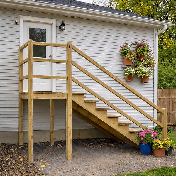VINUOVO - MILANO - Escalier en bois 3 marches H54 cm - sans contre-marche - Palier L120 x P116 cm - Rambarde escalier gauche, palier gauche et en face - large