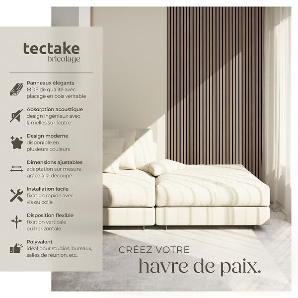 TECTAKE - Panneaux acoustiques décoratifs en MDF placage bois véritable chêne foncé 110x50cm absorption phonique insonorisation murale - large