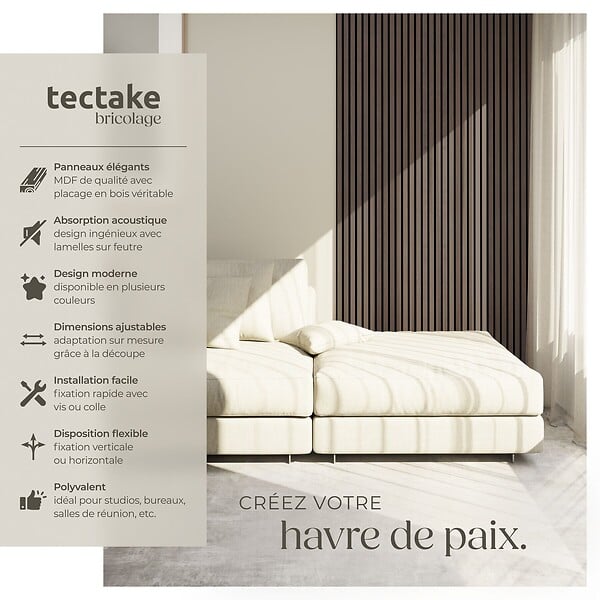TECTAKE - Panneaux acoustiques muraux décoratifs chêne gris 110x50cm lot 4 pièces en MDF placage bois véritable absorption phonique insonorisation - large