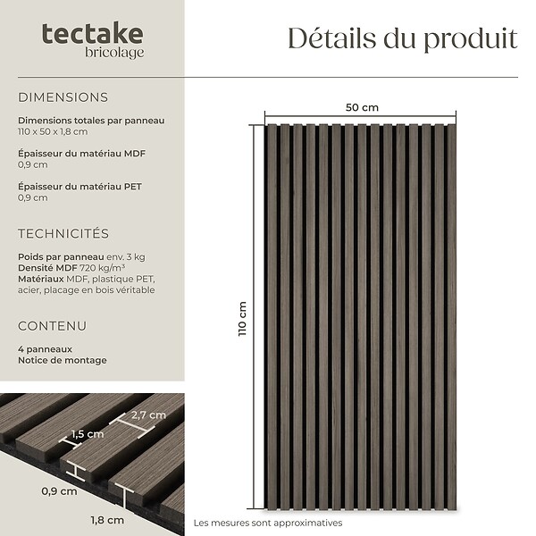 TECTAKE - Panneaux acoustiques muraux décoratifs chêne gris 110x50cm lot 4 pièces en MDF placage bois véritable absorption phonique insonorisation - large