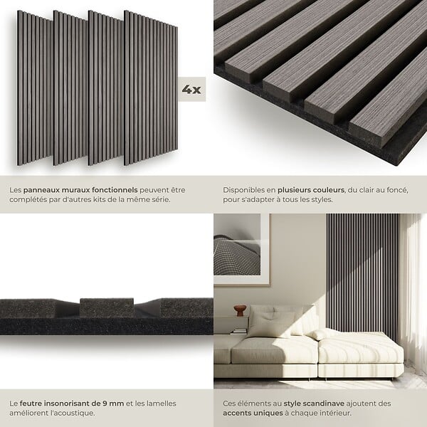 TECTAKE - Panneaux acoustiques muraux décoratifs en bois MDF placage véritable chêne gris clair 110x50cm lot 4 pièces absorption phonique - large