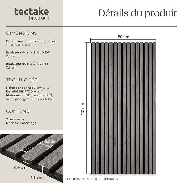 TECTAKE - Panneaux acoustiques en bois chêne gris clair 110x50cm absorption phonique feutre MDF placage véritable isolation sonore décoration murale - large
