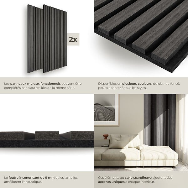 TECTAKE - Panneaux acoustiques Sonic Wall II aspect bois chêne noir - large