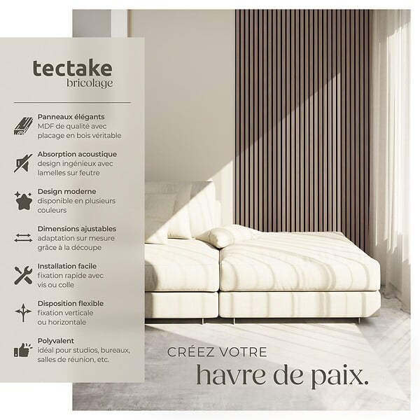 TECTAKE - Panneaux acoustiques muraux chêne foncé absorption phonique décoratifs en MDF placage bois véritable 4 pièces 110x50cm insonorisation - large