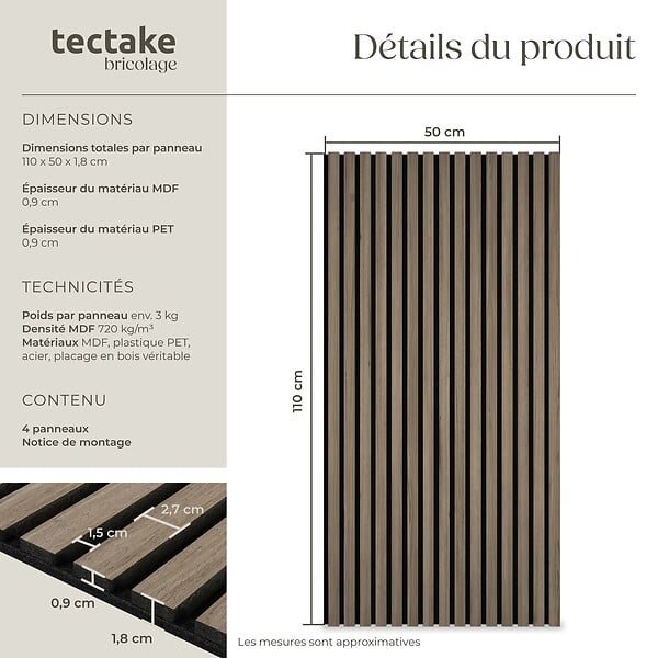 TECTAKE - Panneaux acoustiques muraux chêne foncé absorption phonique décoratifs en MDF placage bois véritable 4 pièces 110x50cm insonorisation - large