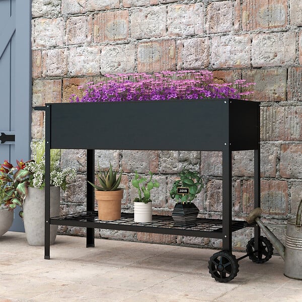 OUTSUNNY - Jardinière sur pieds potager dim. 104L x 39l x 80H cm étagère 2 roues + insert d'irrigation métal noir - large