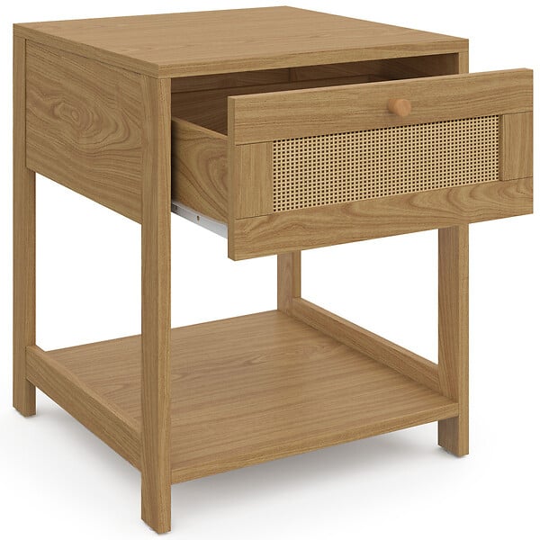 ID MARKET - Lot de 2 tables de chevet HANAE vintage 1 tiroir avec tablette effet naturel cannage - large