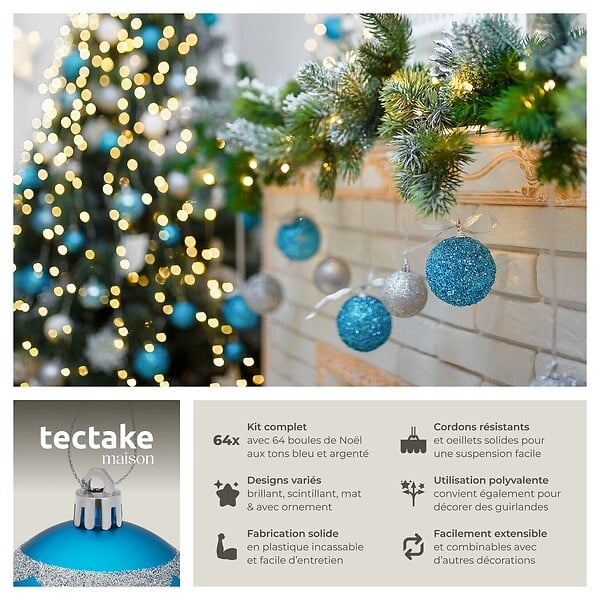 TECTAKE - Lot de 64 boules de Noël argentées et bleues argentées/bleues - large