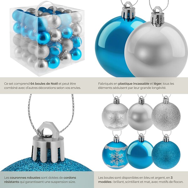 TECTAKE - Lot de 64 boules de Noël argentées et bleues argentées/bleues - large