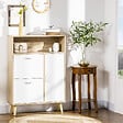 HOMCOM - Meuble à chaussures design scandinave placard 3 portes 3 étagères niche piètement effilé incliné bois panneaux aspect chêne clair - vignette