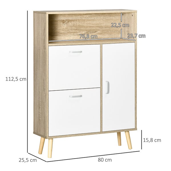 HOMCOM - Meuble à chaussures design scandinave placard 3 portes 3 étagères niche piètement effilé incliné bois panneaux aspect chêne clair - large