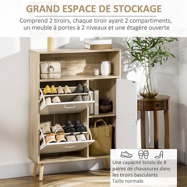 HOMCOM - Meuble à chaussures design scandinave placard 3 portes 3 étagères niche piètement effilé incliné bois panneaux aspect chêne clair - large