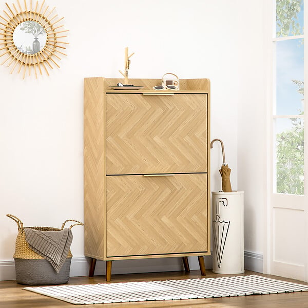 HOMCOM - Meuble à chaussures design scandinave 2 portes abattantes 3 étagères piètement effilé incliné bois hévéa panneaux aspect chêne clair chevrons - large