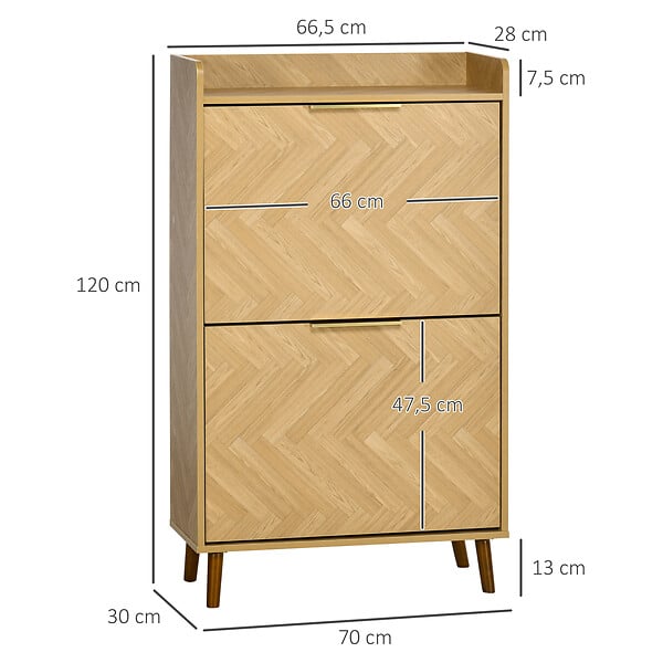 HOMCOM - Meuble à chaussures design scandinave 2 portes abattantes 3 étagères piètement effilé incliné bois hévéa panneaux aspect chêne clair chevrons - large