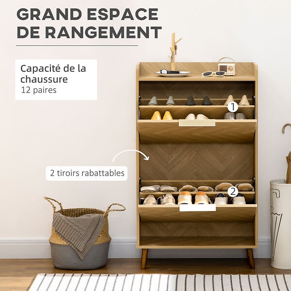 HOMCOM - Meuble à chaussures design scandinave 2 portes abattantes 3 étagères piètement effilé incliné bois hévéa panneaux aspect chêne clair chevrons - large