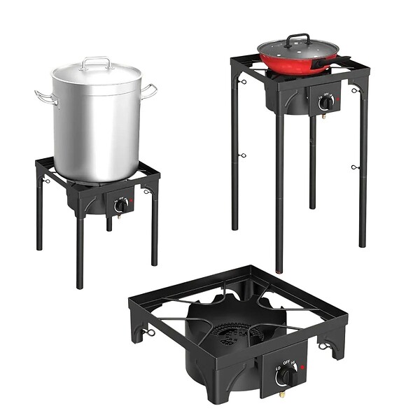 INTEC - Réchaud à Gaz 1 feu 4500W 4 pieds modulables 3 Hauteurs Bruleur en fonte - Cuisine Extérieure 40 x 40 x H78cm Allumage Piezo - large