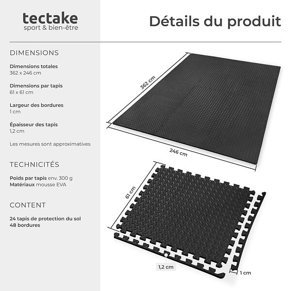 TECTAKE - Ensemble de 24 dalles carrées EVA - Tapis de sol et de sport noir - large