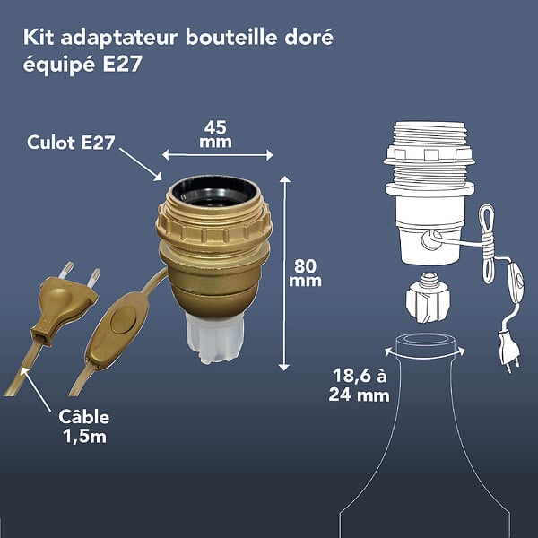 TIBELEC - Kit adaptateur bouteille équipé E27 or - large