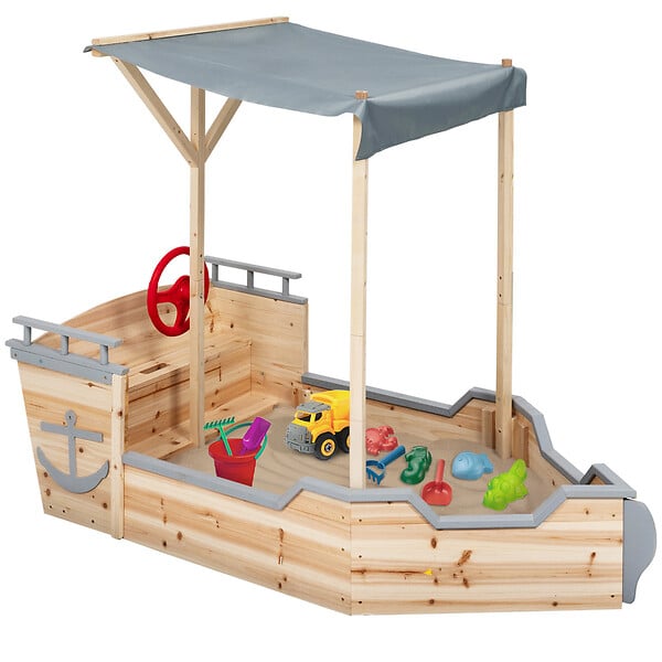 ID MARKET - Bac à sable WORLD bois bateau de pirate avec banc coffre et toit gris - large