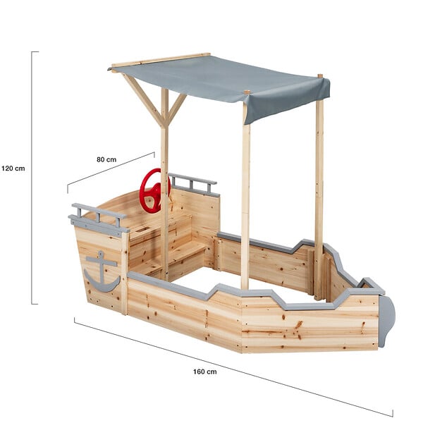 ID MARKET - Bac à sable WORLD bois bateau de pirate avec banc coffre et toit gris - large