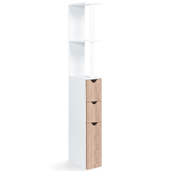 ID MARKET - Meuble WC étagère WILLY bois 3 portes blanc et hêtre - large