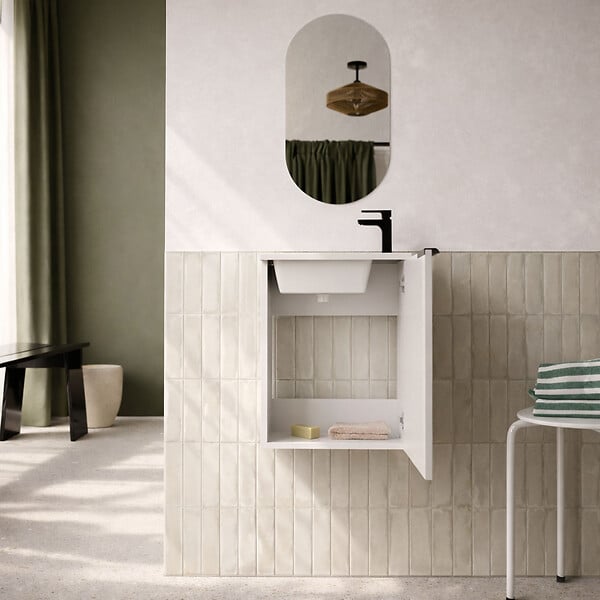 AURLANE - Ensemble meuble lave mains MDF ondulé blanc 40x50x22cm et miroir ovale - MILO - large
