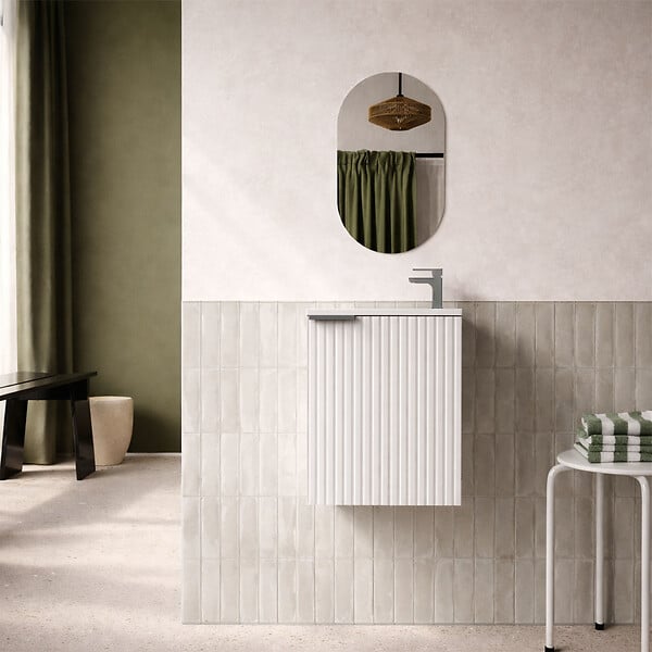 AURLANE - Ensemble meuble lave mains MDF ondulé blanc 40x50x22cm et miroir ovale - MILO - large