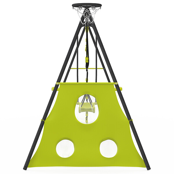 ID MARKET - Balançoire 4 agrès portique avec balançoire face à face trapèze échelle panier de basket et buts de foot - large
