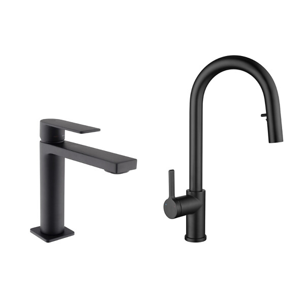 SWISS AQUA TECHNOLOGIES - Swiss Aqua Technologies B-Way set mitigeur lavabo + mitigeur cuisine Ceramia Timeless acier inoxydable, douchette extractible, noir mat (SATTMLBM271) - large