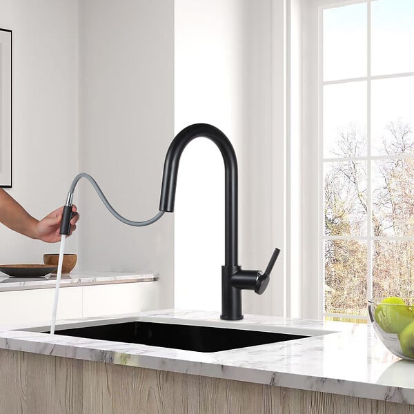 SWISS AQUA TECHNOLOGIES - Swiss Aqua Technologies B-Way set mitigeur lavabo + mitigeur cuisine Ceramia Timeless acier inoxydable, douchette extractible, noir mat (SATTMLBM271) - large