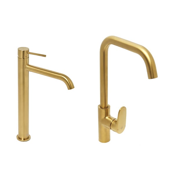 SWISS AQUA TECHNOLOGIES - Swiss Aqua Technologies set mitigeur lavabo haut acier inoxydable + mitigeur cuisine avec bras pivotant, or brossé (SATBA280BG) - large