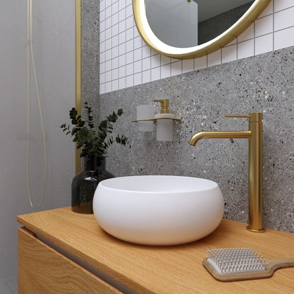 SWISS AQUA TECHNOLOGIES - Swiss Aqua Technologies set mitigeur lavabo haut acier inoxydable + mitigeur cuisine avec bras pivotant, or brossé (SATBA280BG) - large