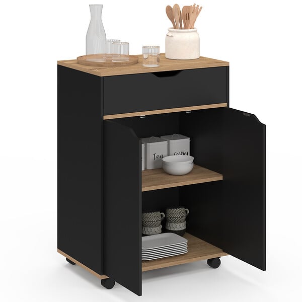ID MARKET - Desserte de cuisine COSY placard avec tiroir bois noir et plateaux façon hêtre L.60 CM - large