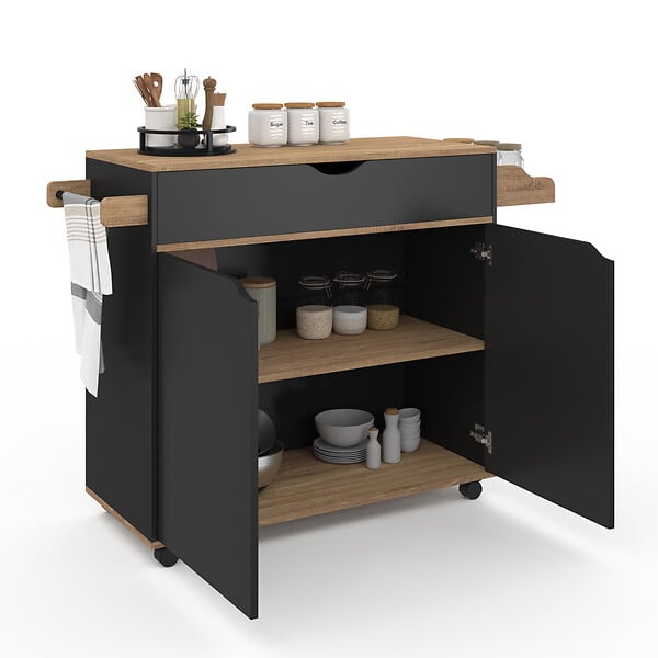 ID MARKET - Desserte de cuisine COSY XXL placard avec tiroir noir et plateaux façon hêtre L.90 CM - large