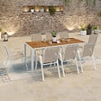 ID MARKET - Salon de jardin NOUMEA table 190 cm plateau verre trempé effet bois et 8 chaises empilables blanc et bois - vignette