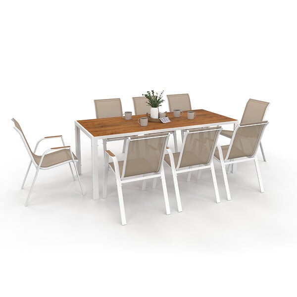 ID MARKET - Salon de jardin NOUMEA table 190 cm plateau verre trempé effet bois et 8 chaises empilables blanc et bois - large