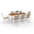 ID MARKET - Salon de jardin NOUMEA table 190 cm plateau verre trempé effet bois et 8 chaises empilables blanc et bois - vignette
