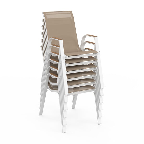 ID MARKET - Salon de jardin NOUMEA table 190 cm plateau verre trempé effet bois et 8 chaises empilables blanc et bois - large